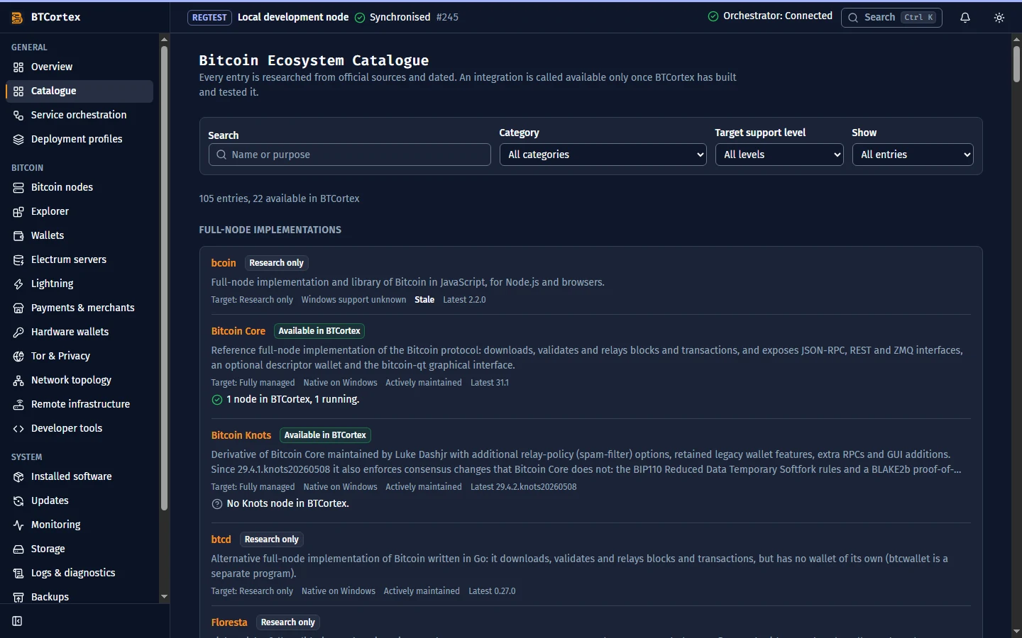 BTCortex ecosystem catalogue with researched Bitcoin projects, categories and integration support levels.